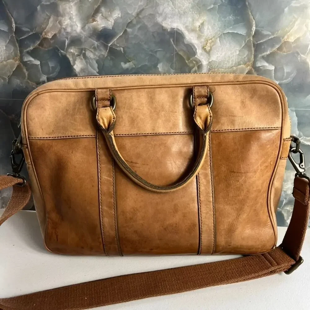 FOSSIL Laptop Bag Brown Leather Satchel Brown Lining Messenger Shoulder Strap